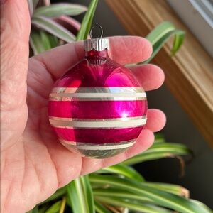 Vtg Shiny Brite Striped Christmas Ornament Silver White Pink USA